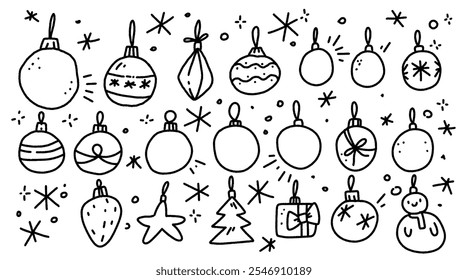 Conjunto caprichoso de juguete de árbol de vacaciones dibujado a mano y decoración de Navidad. Antiguas adornos Iconos de colección de Vector incompletos en blanco y negro.