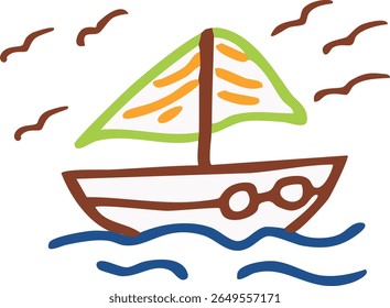 A whimsical, hand-drawn illustration of a brown sailboat with green and orange sails on blue waves, with brown flying birds in the white sky.