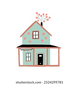 A whimsical hand-drawn illustration of a charming house adorned with heart shapes and vibrant colors. Perfect for themes of love, home, and cozy living