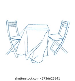 A whimsical hand-drawn illustration of a dining set. A square table with a tablecloth and two chairs. An outdoor table with folding chairs. Vector outline illustration in blue.