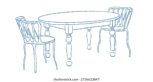 A whimsical hand-drawn illustration of a dining set. A classic vintage oval table and two chairs. A romantic dinner. Vector outline illustration in blue.