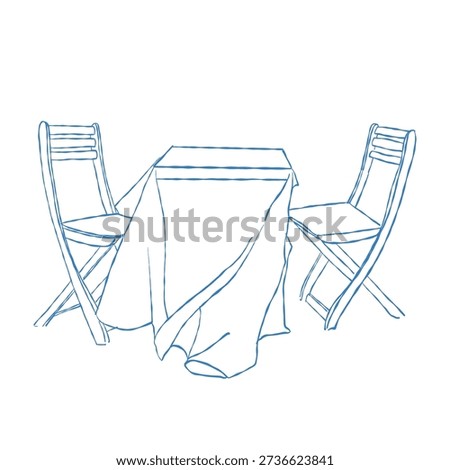 A whimsical hand-drawn illustration of a dining set. A square table with a tablecloth and two chairs. An outdoor table with folding chairs. Vector outline illustration in blue.