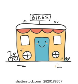 A whimsical hand-drawn illustration of a friendly yellow bike shop with a smiling blue door and a small bicycle parked outside.