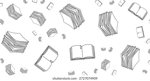 A whimsical, hand-drawn illustration of various open and closed books scattered across a white background, suggesting a theme of reading, learning, or imagination.