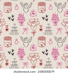 Whimsical hand-drawn love aesthetic seamless pattern illustration in trendy vintage style. Perfect for quirky wedding holiday, dinner and bar menu, bachelorette party, birthday invitation, sign.