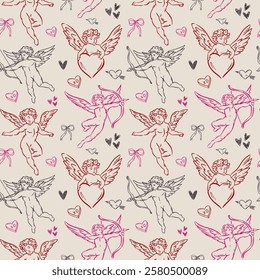 Whimsical hand-drawn love aesthetic seamless pattern illustration in trendy vintage style. Perfect for quirky wedding holiday, dinner and bar menu, bachelorette party, birthday invitation, sign.