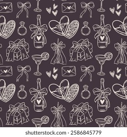 Whimsical hand-drawn love aesthetic seamless pattern illustration in trendy vintage style. Perfect for quirky wedding holiday, dinner and bar menu, bachelorette party, birthday invitation, sign.