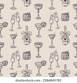 Whimsical hand-drawn love aesthetic seamless pattern illustration in trendy vintage style. Perfect for quirky wedding holiday, dinner and bar menu, bachelorette party, birthday invitation, sign.