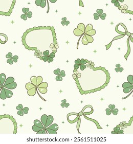 Whimsical Hand-Drawn Lucky Clover Seamless Pattern. Vector Illustration