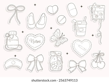 Whimsical Hand-Drawn Medical Themed, Nurse Life Decorative Sticker. Vector  Illustration