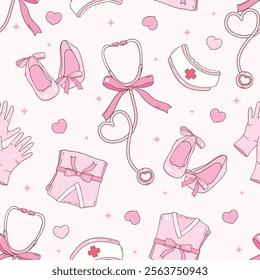 Whimsical Hand-Drawn Medical Themed, Nurse Life Seamless Pattern. Vector  Illustration