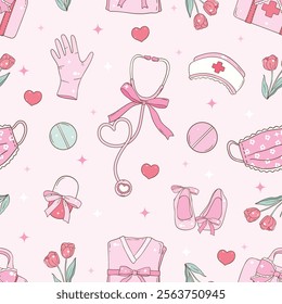 Whimsical Hand-Drawn Medical Themed, Nurse Life Seamless Pattern. Vector  Illustration