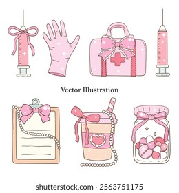 Whimsical Hand-Drawn Medical Themed, Nurse Life Decorative. Vector  Illustration