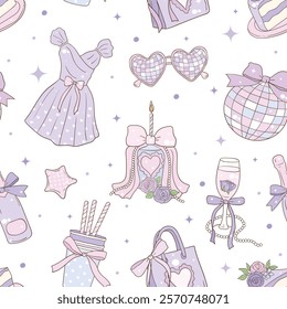 Whimsical Hand-Drawn Pastel Birthday Party Seamless Pattern .Party Decoration. Vector Illustration