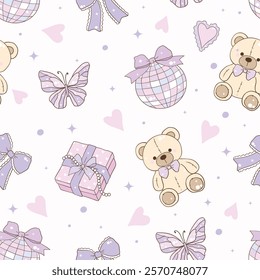 Whimsical Hand-Drawn Pastel Birthday Party Seamless Pattern .Party Decoration. Vector Illustration