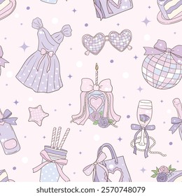 Whimsical Hand-Drawn Pastel Birthday Party Seamless Pattern .Party Decoration. Vector Illustration