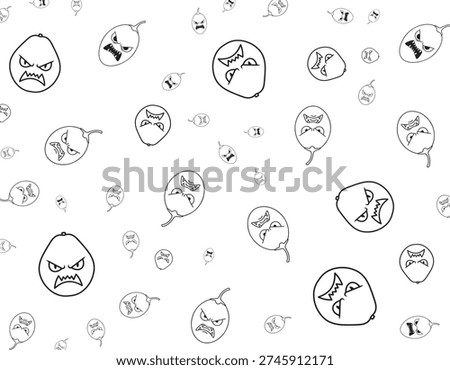 A whimsical, hand-drawn pattern featuring cartoonish, angry-faced balloons scattered across a white background. The balloons have exaggerated, menacing expressions with sharp teeth and furrowed brows, creating a playful yet slightly menacing visual.