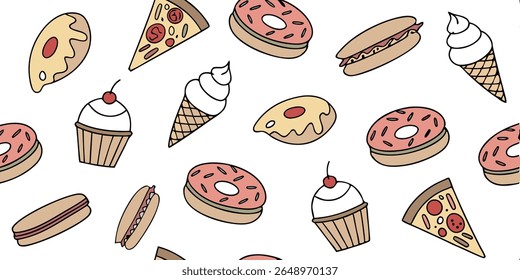 A whimsical, hand-drawn pattern featuring a variety of popular fast food items like pizza slices, donuts, hot dogs, cupcakes, and ice cream cones on a clean white background.