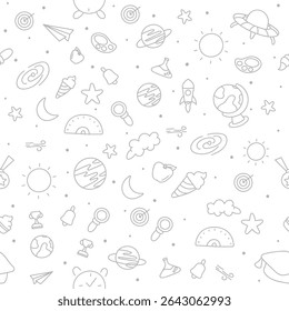 Whimsical Hand-Drawn Pattern with Planets, Stars, and Educational Icons for Kids Backgrounds, Classroom Decor, and Creative Textile Designs.