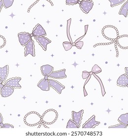 Whimsical Hand-Drawn Purple Bow Seamless Pattern. Party Decoration. Vector Illustration