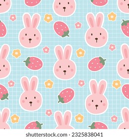 Whimsical Hand-Drawn Rabbit and Strawberry Pattern on Mesh Background - Cute and Playful Seamless Vector Illustration for Textile and Surface Design