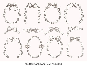 Whimsical Hand-Drawn Ribbon Bow Frame Outline. Vector Illustration