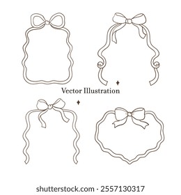 Whimsical Hand-Drawn Ribbon Bow Frame Outline. Vector Illustration