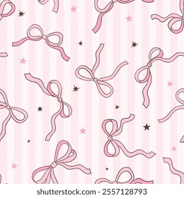 Whimsical Hand-Drawn Ribbon Bow Seamless Pattern. Vector Illustration