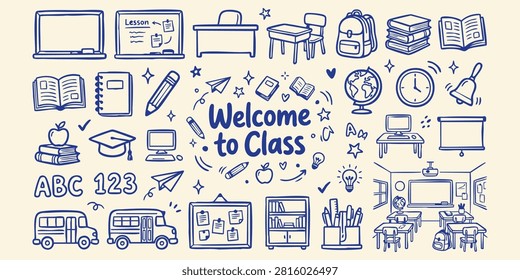 Whimsical hand-drawn school supplies classroom scenes and educational symbols perfect for back-to-school campaigns and learning materials.