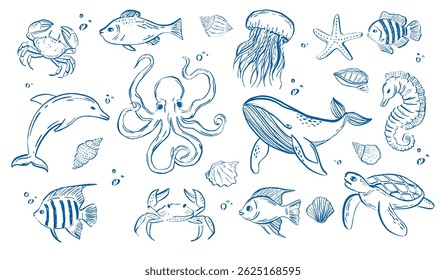 Esboços caprichados feitos à mão com frutos do mar apresentando peixes vintage, camarão, conchas e lula em estilo doodle. Perfeito para menus de restaurante, festas de praia costeira, ou cartazes de cozinha