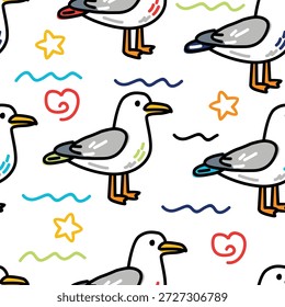 Caprichoso Dibujado a Mano Gaviota y Elementos del Océano Patrón sin fisuras