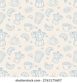 Whimsical Hand-Drawn Seamless Pattern with Coffee Maker, Mug and Croissant