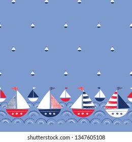 Whimsical Hand-Drawn Ships In The Sea Vector Seamless Border And Pattern. Cute Nautical Marine Background. Sea, Ocean Crayon Drawings