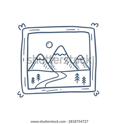 A whimsical hand-drawn sketch of a framed landscape scene featuring mountains, a winding path, pine trees, and a sun in a simple doodle style.