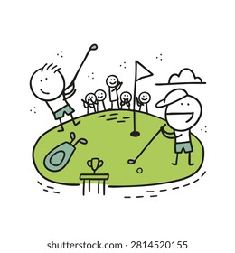 A whimsical hand-drawn stick figure illustration featuring golf players on a putting green with spectators and a trophy.