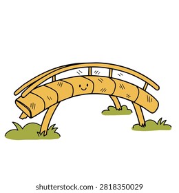 A whimsical hand-drawn style illustration of a small wooden arched footbridge featuring a cute smiling face on its side.