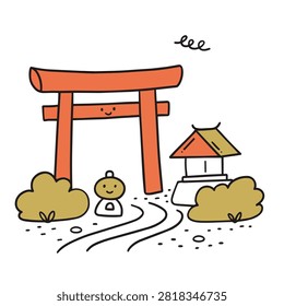 A whimsical hand-drawn style vector illustration featuring a friendly red torii gate, a small shrine building, and a cute stone statue character surrounded by bushes.