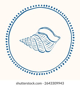 Whimsical hand-drawn summer illustrations, line art sketch style. Nautical seashell emblem, marine logo, vintage Mediterranean label, coastal restaurant decor, sea life print.
