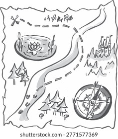 Whimsical hand-drawn treasure map showing a winding river, compass rose, castle, pond with lily, trees and dotted path to a hidden destination; evokes exploration, adventure, discovery and fantasy play.