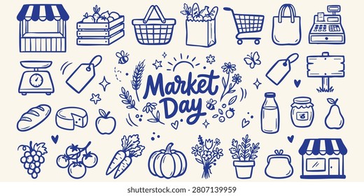 Whimsical hand-drawn vector elements depict groceries and market stalls ideal for small business branding and agricultural promotions.