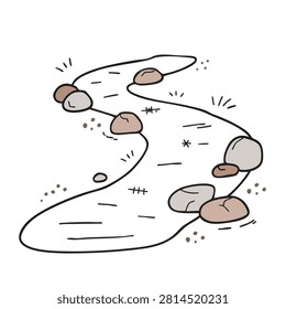 A whimsical hand-drawn vector illustration of a meandering stream with various smooth river rocks scattered along the path on a plain background
