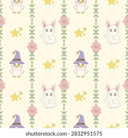 Whimsical hand-drawn vector seamless pattern featuring witch ducks, bunnies, stars, pink flowers and leafy borders arranged in vertical stripes on a soft cream background. This artwork is NOT created by AI — original human-made design. Playful child-safe design perfect for nursery textiles, bedding, stationery, gifts and Halloween crafts.