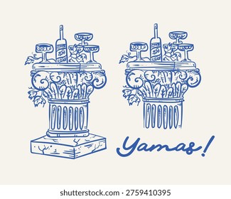 Whimsical, hand-drawn vector set of two compositions with wine on a Greek colums,	
