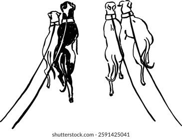 Whimsical hand-drawn whippet dogs illustrations, raw sketch style, tattoo design