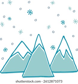 Whimsical Hand-Drawn Winter Mountains with Falling Snowflakes in Pastel Blue Tones, Perfect for holiday greeting cards, kids' illustrations, winter-themed designs, nursery decor
