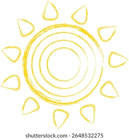 Whimsical hand-drawn yellow sun with spiral center and playful brushstroke rays, symbolizing warmth, joy, and the radiant energy of summer days