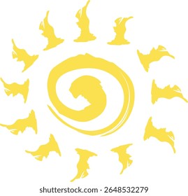 Whimsical hand-drawn yellow sun with spiral center and playful brushstroke rays, symbolizing warmth, joy, and the radiant energy of summer days