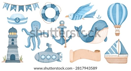 A whimsical hand-painted watercolor collection featuring a lighthouse, whale, octopus, sailboat, submarine, anchor, sailor hat, lifebuoy, bird, and nautical decorations. Perfect for nursery prints, children's books, baby showers, coastal party invitations, and marine-themed designs.