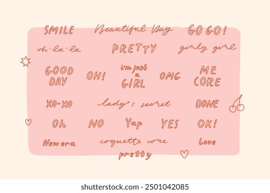 Whimsical handwritten lettering. Simple doodle phrases in red color on pink background. Motivational sticker pack, planer stickers. OMG, smile, good day, pretty, me core - text, Vector collection