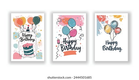 Whimsical Happy Birthday Card Collection, Hand-Drawn Flyers, Postcards, and Invitations